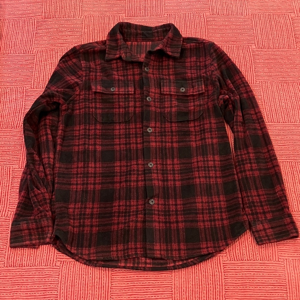 George Men's small burgundy / Black Plaid fleece Button Down Shirt